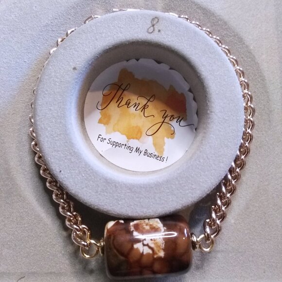 Minimalist Simplistic Elegant: Cream & Brown Fire Agate + Gold Chain Bracelet - Picture 12 of 15